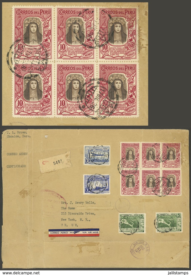 PERU: Sc.C39, 1936/7 10S. Santa Rosa De Lima, Splendid Block Of 6 + Other Values (total 73 Soles) Franking A Registered  - Perú