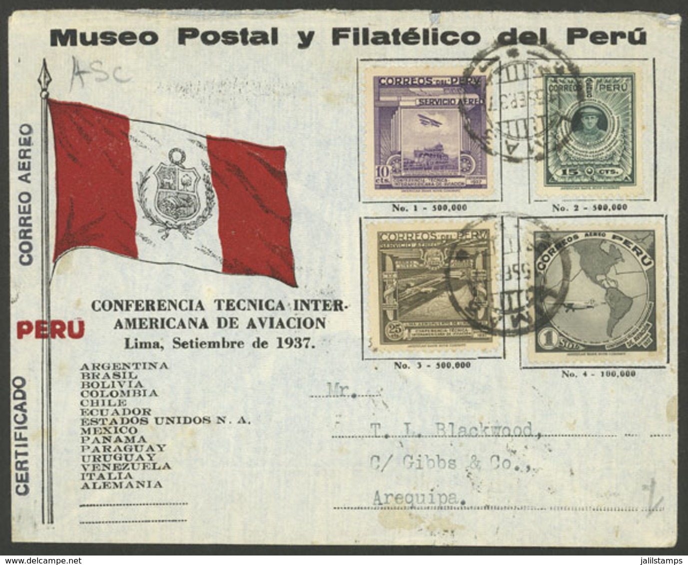 PERU: Sc.C45/C48, 1937 Inter-American Congress Of Aviation, The Set Of 4 Values On A Cover Used On 15/SE/1937 (first Day - Peru