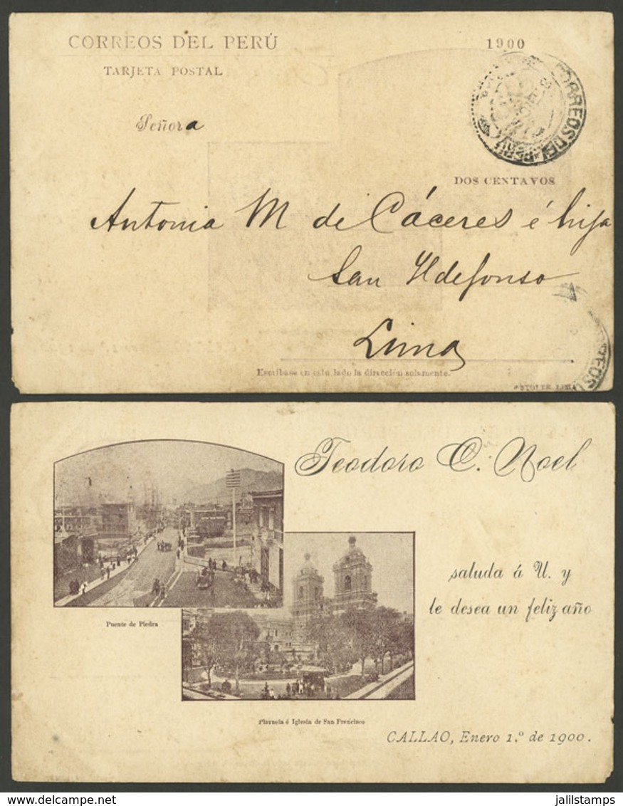 PERU: 2c. Postal Card Illustrated On Back: Bridge And San Francisco Church, With New Year Greetings, Sent From Callao To - Pérou