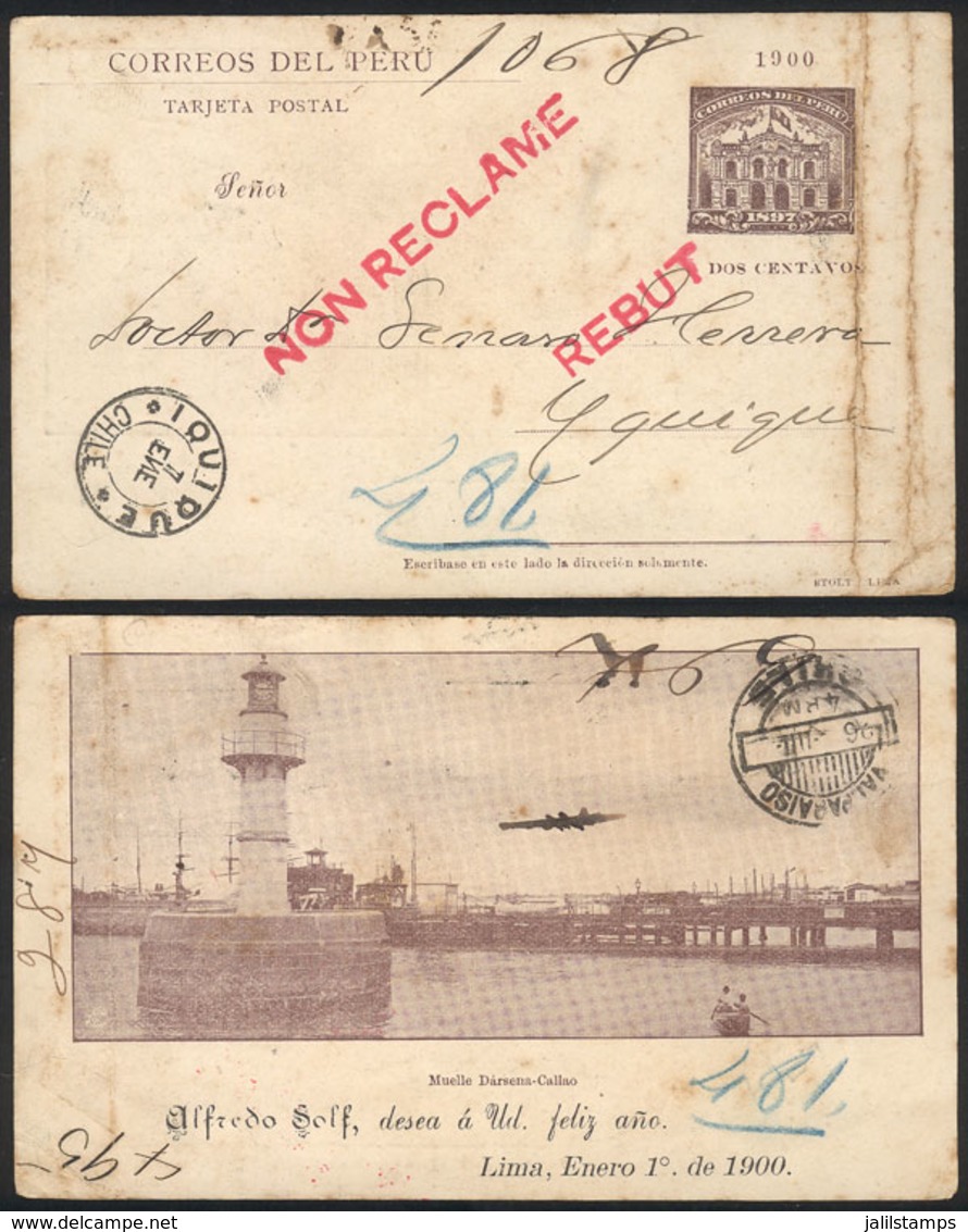 PERU: 2c. Postal Card Of The Year 1900 With View On Back Of "Dock - Callao", With Cancels Of Iquique 7/JA (1900) And Val - Pérou