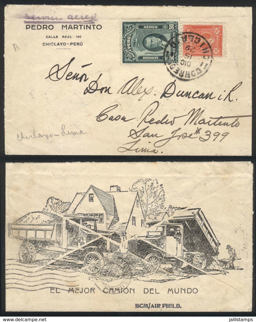 PERU: 15/DE/1929 Chiclayo - Lima, Cover With Printed Advertising On Back (trucks) Sent By Airmail With Postage Of 60c.,  - Perú