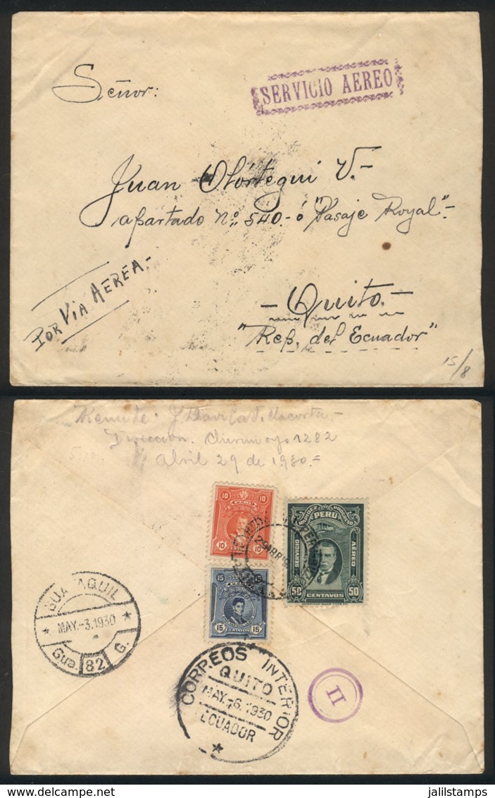 PERU: 29/AP/1930 Lima - Quito (Ecuador), Airmail Cover Franked With 75c., With Guayaquil Transit Mark Of 3/MAY And Arriv - Perú