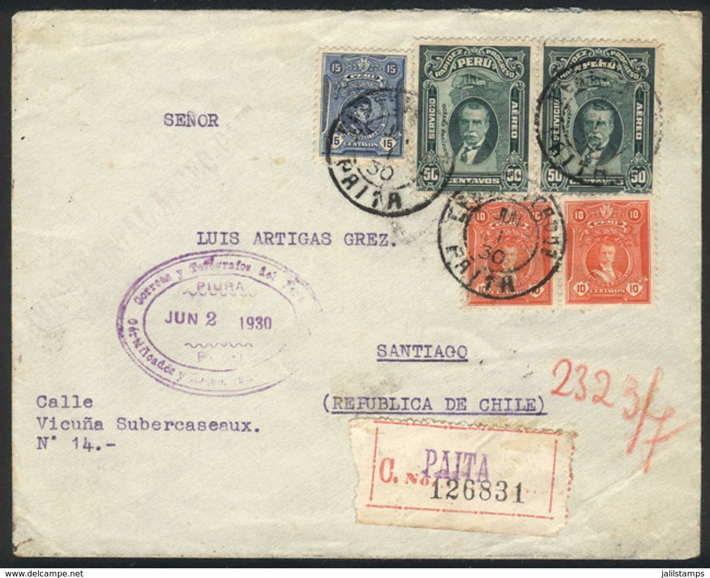 PERU: 1/JUN/1930 Paita - Santiago De Chile, Registered Airmail Cover Franked With 1.35S., With Transit Mark Of Piura 2/J - Peru