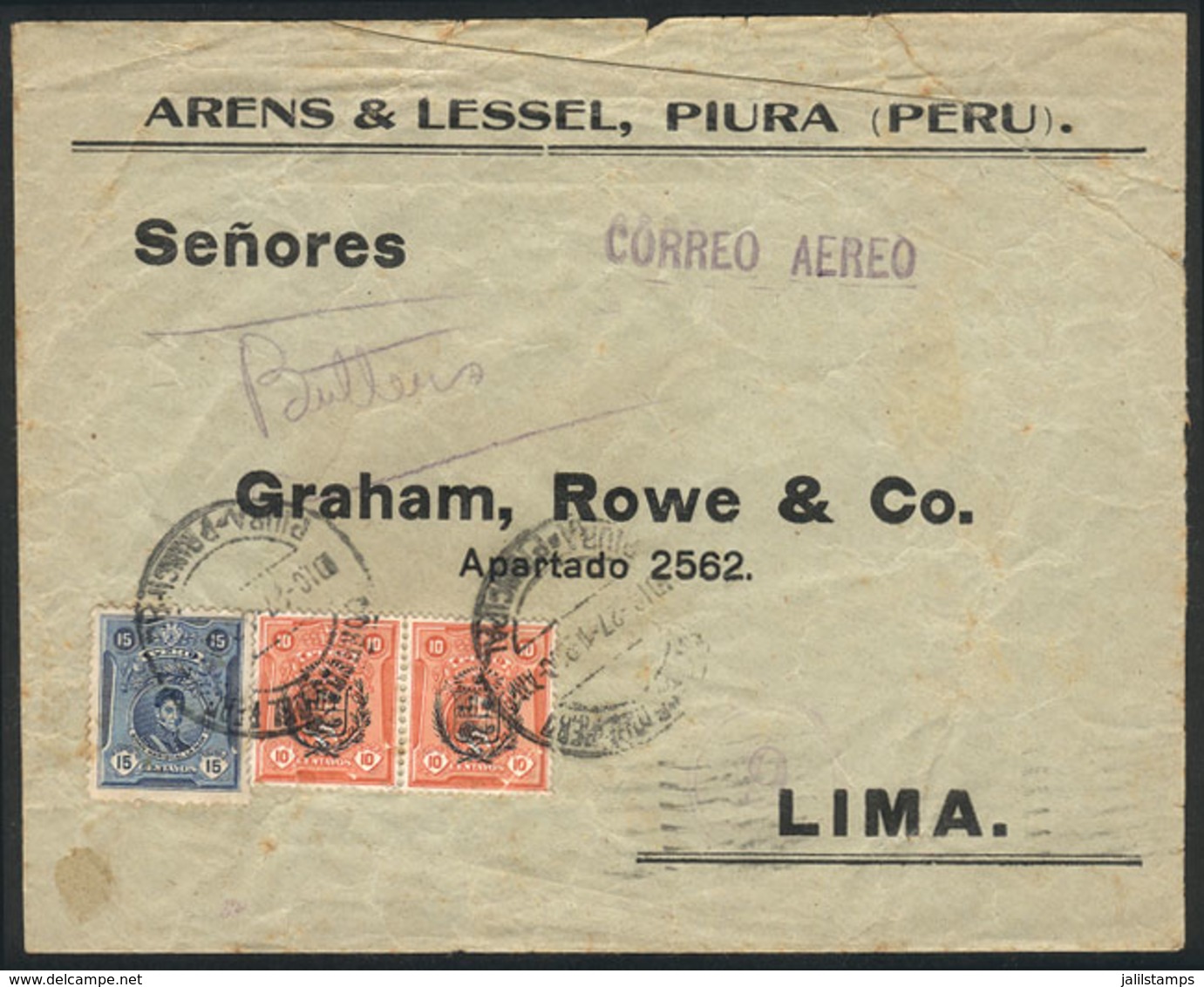 PERU: 27/DE/1930 Piura - Lima, Airmail Cover With Arrival Backstamp For The Same Day, FIRST RECORDED DATE Of The New Red - Perú