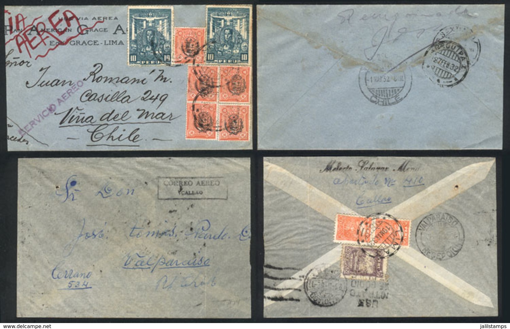 PERU: 27/FE And 19/MAR/1932 Arequipa - Viña Del Mar And Callao - Valparaiso, 2 Airmail Covers Franked With New Rate Of 7 - Peru