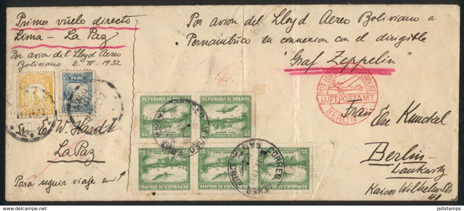 PERU: 1/AP/1932 Lima - La Paz - Berlin, Airmail Cover Flown On The First Direct Flight Lima - La Paz By Lloyd Aéreo Boli - Peru