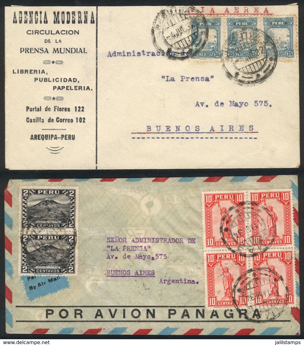 PERU: 4/JUL/1932 And 11/AU/1934 Arequipa And Lima To Buenos Aires, 2 Airmail Covers Franked With 45c. (new Reduced Rate) - Perú