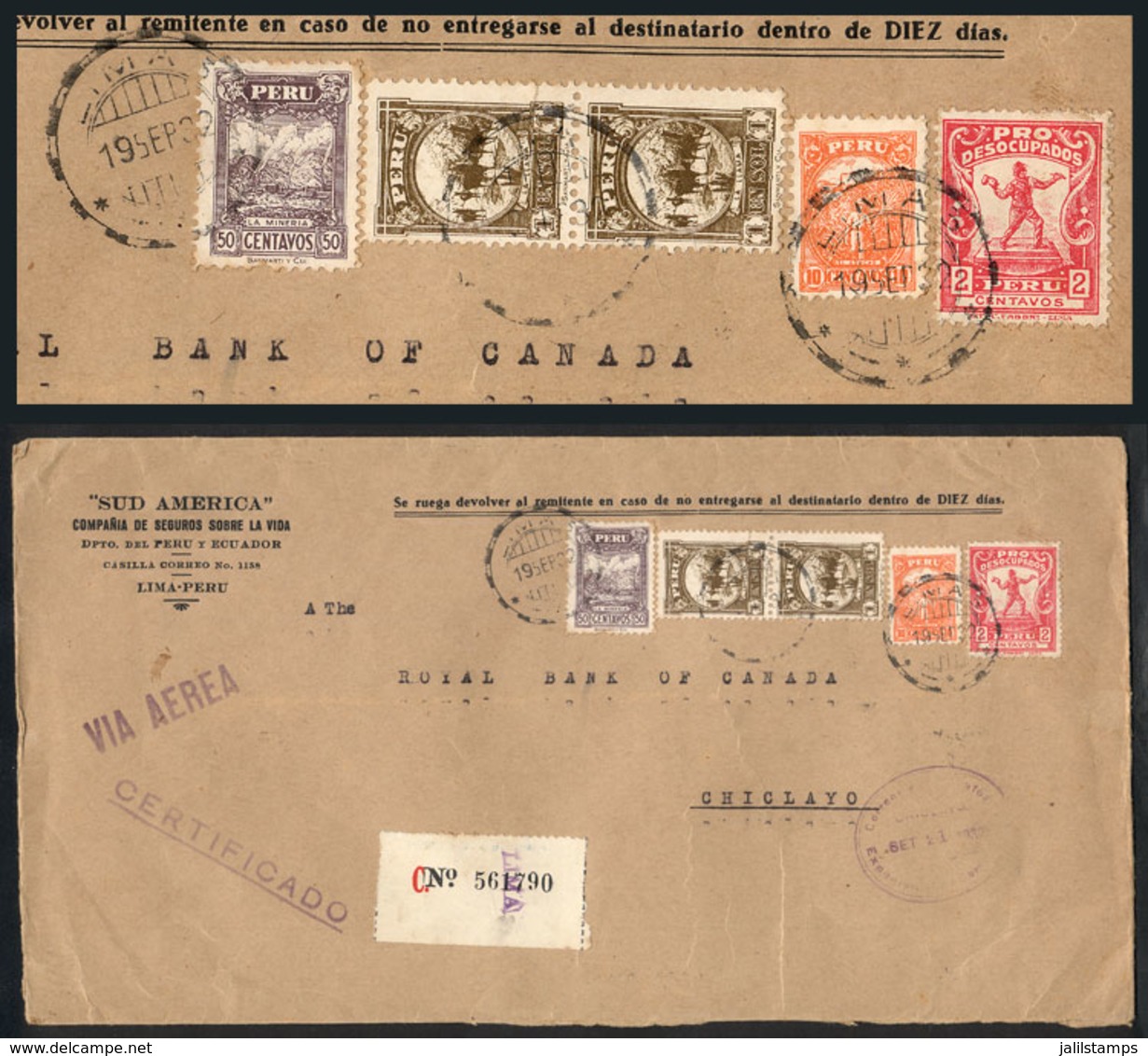 PERU: 19/SE/1932 Lima - Chiclayo, Registered Airmail Cover Franked With 2.60S. + 2c. Cinderella Pro-Desocupados, Excelle - Perú