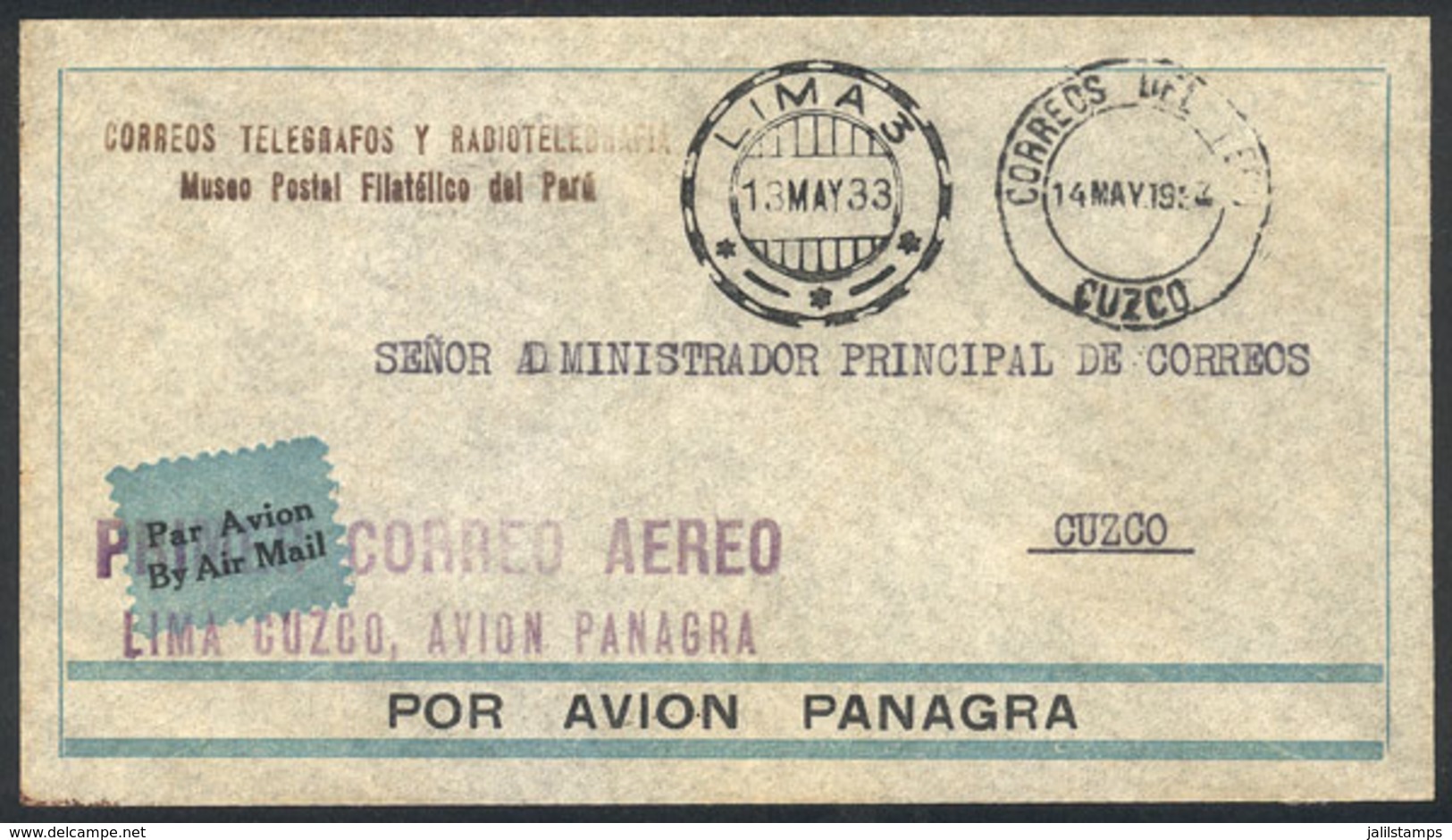 PERU: 13/MAY/1933 Lima - Cuzco, PANAGRA First Flight, Official Cover Of The Post, Excellent Quality, Ex-Herbert Moll - Perù