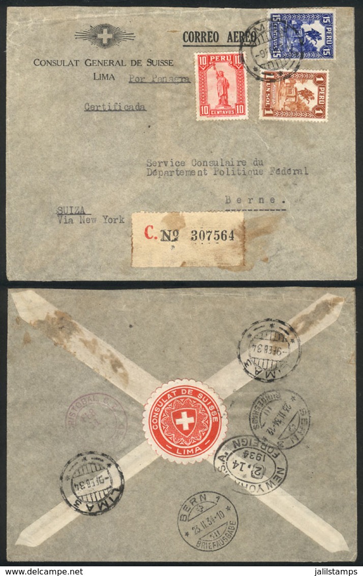 PERU: 9/FE/1934 Lima - Switzerland, Registered Airmail Cover With Seal On Back Of The Swiss Consulate In Lima, Posted Vi - Peru
