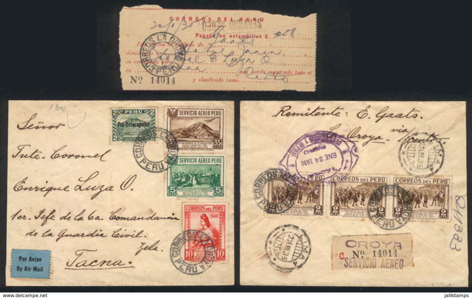 PERU: 20/JA/1935 Oroya - Tacna Via Lima, Registered Airmail Cover With 56c. Postage (1c. Extra) + 2c. Cinderella, With T - Perú
