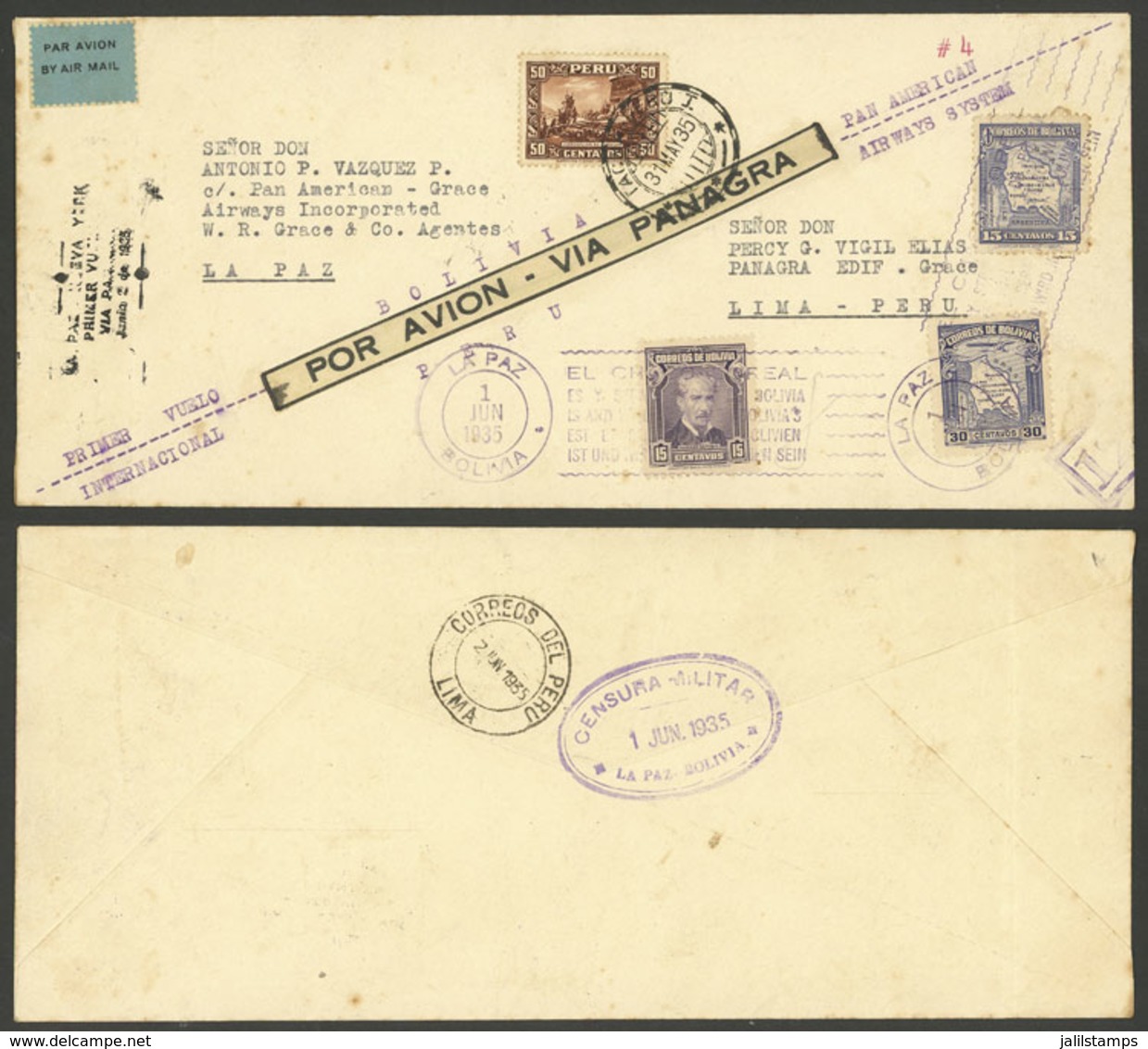 PERU: 31/MAY/1935 Lima - La Paz And Return To Lima, First Direct Flight, Nice Cover With Franking Of Both Countries And  - Perú