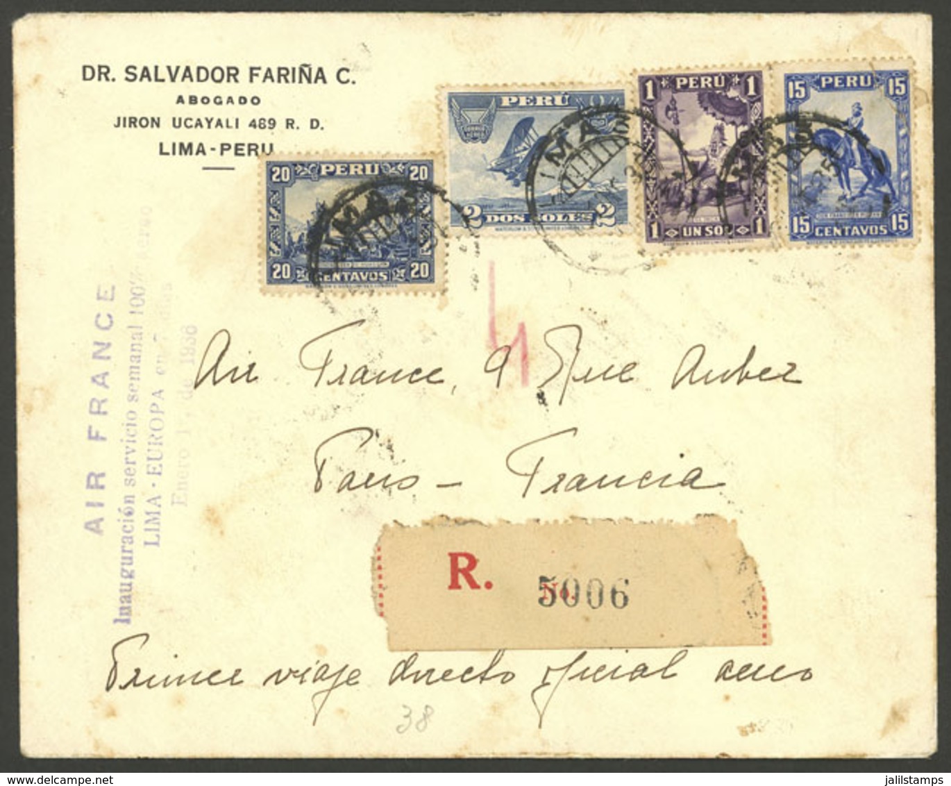 PERU: 1/JA/1936 Lima - Paris (France), Cover Carried On First Flight "weekly 100% Airmail Service Between Lima And Europ - Peru