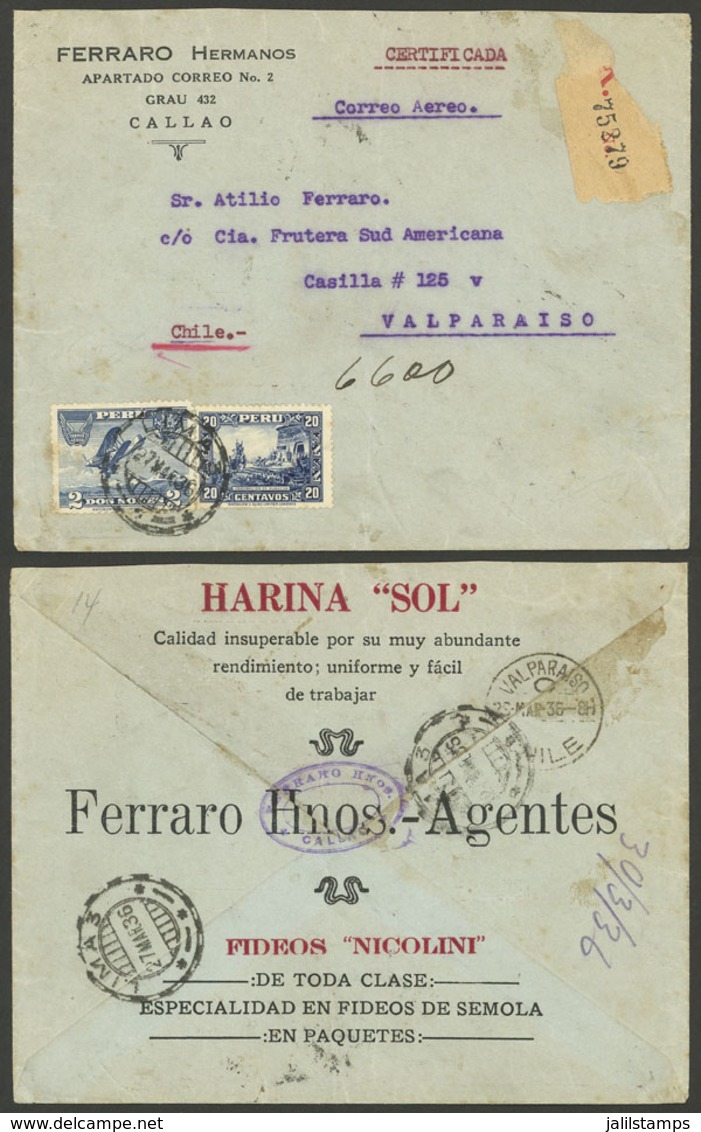 PERU: 27/MAR/1936 Lima - Valparaiso, Registered Airmail Cover Paying Sextuple Weight Rate (30 Grams: 2S. + 20c. For Regi - Peru