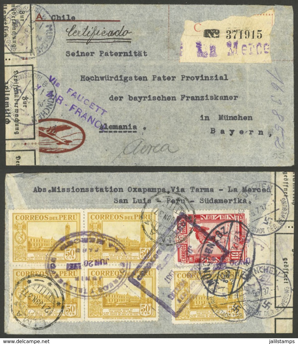 PERU: 20/JUN/1937 La Merced - Germany, Registered Airmail Cover Franked With 2.60S. On Back, With Lima Transit Mark, Cen - Perú