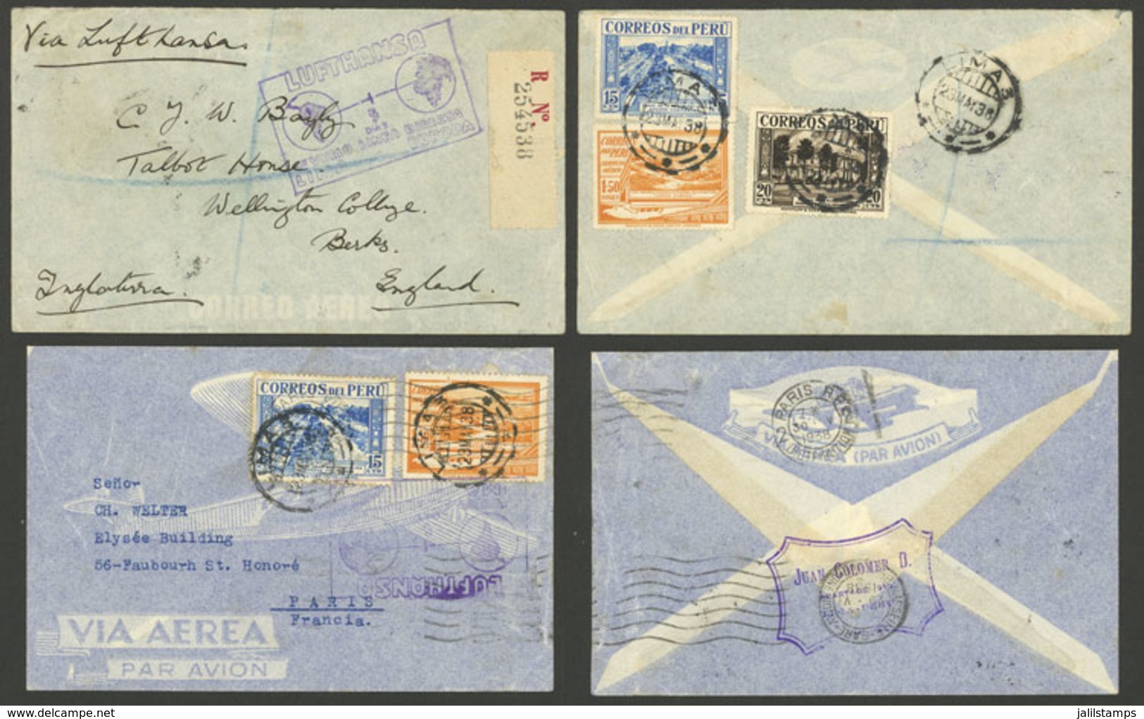 PERU: 23/MAY/1938 First Flight Lima - Europe By Lufthansa, 2 Covers Sent To England And France, The Former Registered, B - Peru