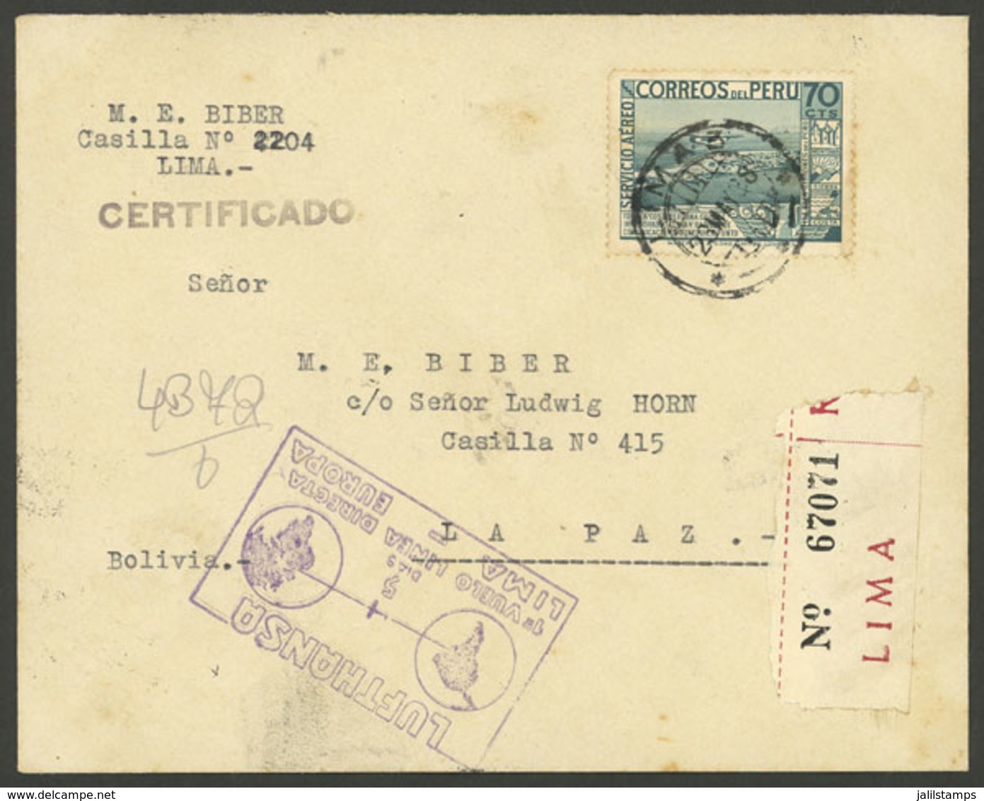 PERU: 23/MAY/1938 Lima - La Paz, Lufthansa First Flight, With Arrival Backstamp Of 24/MAY, Scarce! - Peru