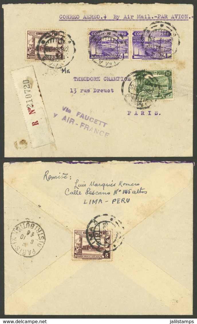 PERU: 28/SE/1938 Lima - France, Registered Airmail Cover Via "Faucett And Air France", New Rate Of 1.65 For The First 5  - Perú