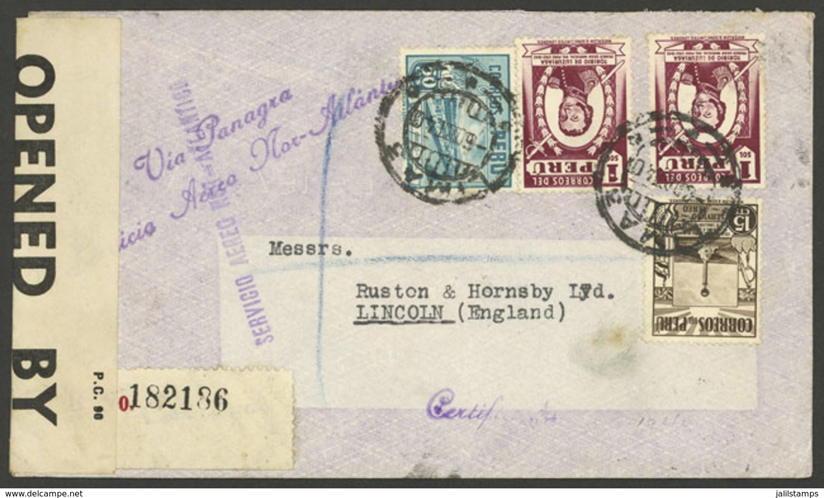 PERU: 6/OC/1940 Lima - England, Registered Airmail Cover With Violet Marks "SERVICIO AEREO NOR-ATLANTICO" Of PANAGRA, Br - Perú