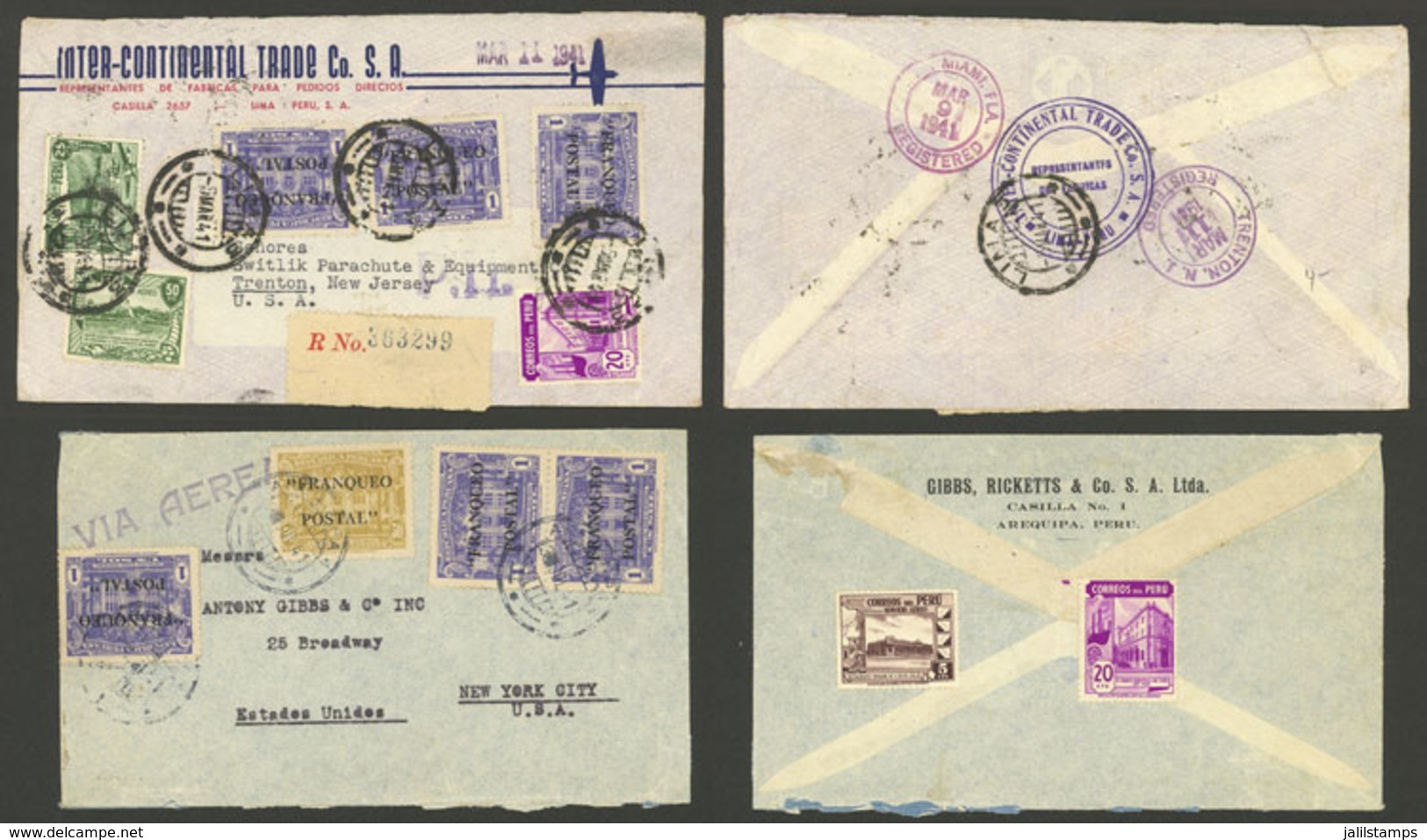 PERU: 5/MAR/1941 And 3/JUL/1941, 2 Airmail Covers To USA With Triple Airmail Rate, The Former Registered And Franked Wit - Pérou