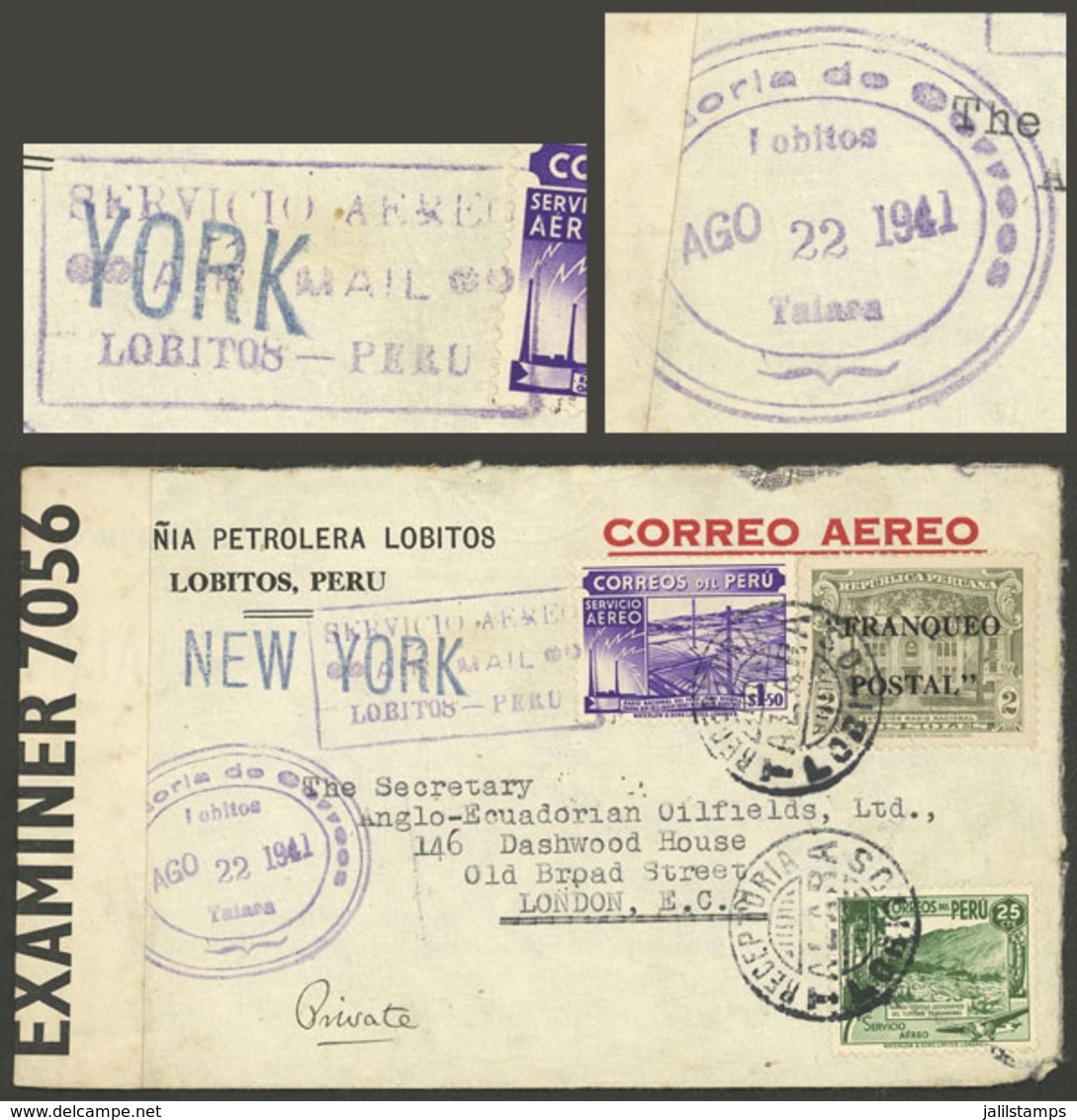 PERU: 22/AU/1941 Lobitos - England, Airmail Cover Franked With 3.75S., With The Rare Cancel "RECEPTORIA LOBITOS - TALARA - Peru