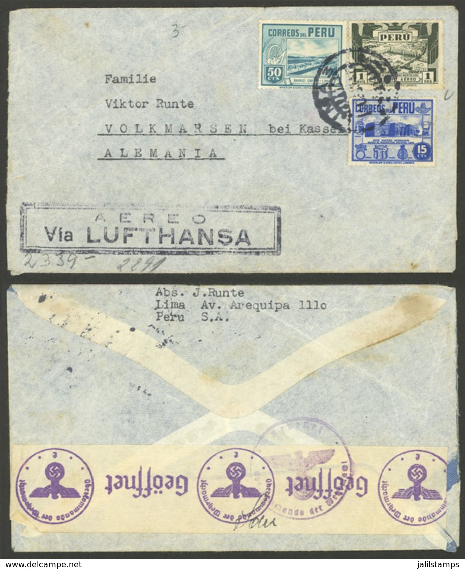 PERU: Airmail Cover With Illegible Date Sent From Lima To Germany By Lufthansa, With Nazi Censor Label On Back - Peru