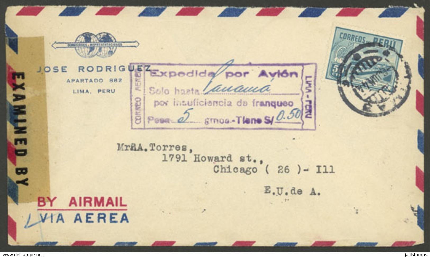 PERU: 6/JUN/1944 Lima - USA, Airmail Cover Franked With 50c., With Violet Rectangular Mark Indicating That The Letter Wo - Perú