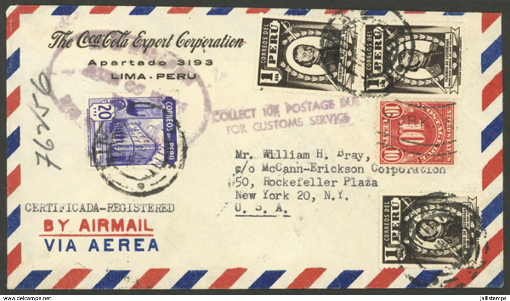 PERU: Airmail Cover Sent From Lima To New York In JA/1950, Franked With 3.20S. Along USA Postage Due Stamp Of 10c. And V - Perù
