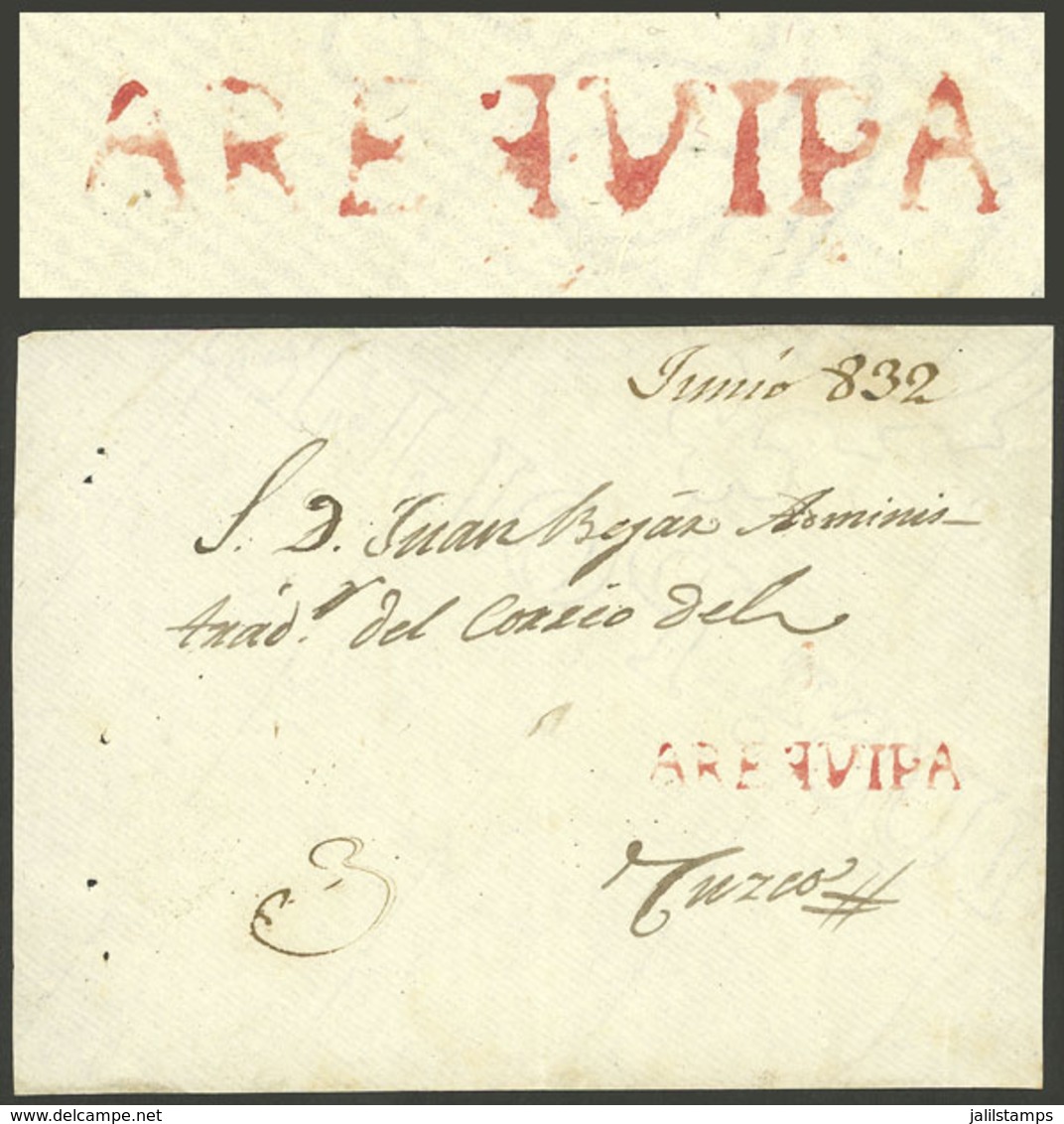 PERU: Front Of Folded Cover Sent To Cuzco In JUN/1832, With "3" Rating In Pen And Straightline AREQUIPA In Red (33.4 X 5 - Peru