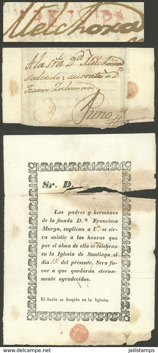 PERU: Printed Note With Invitation To Mourning Service Sent To Puno, With "3" Rating In Pen Along AREQUIPA (33.5 X 5 Mm) - Peru