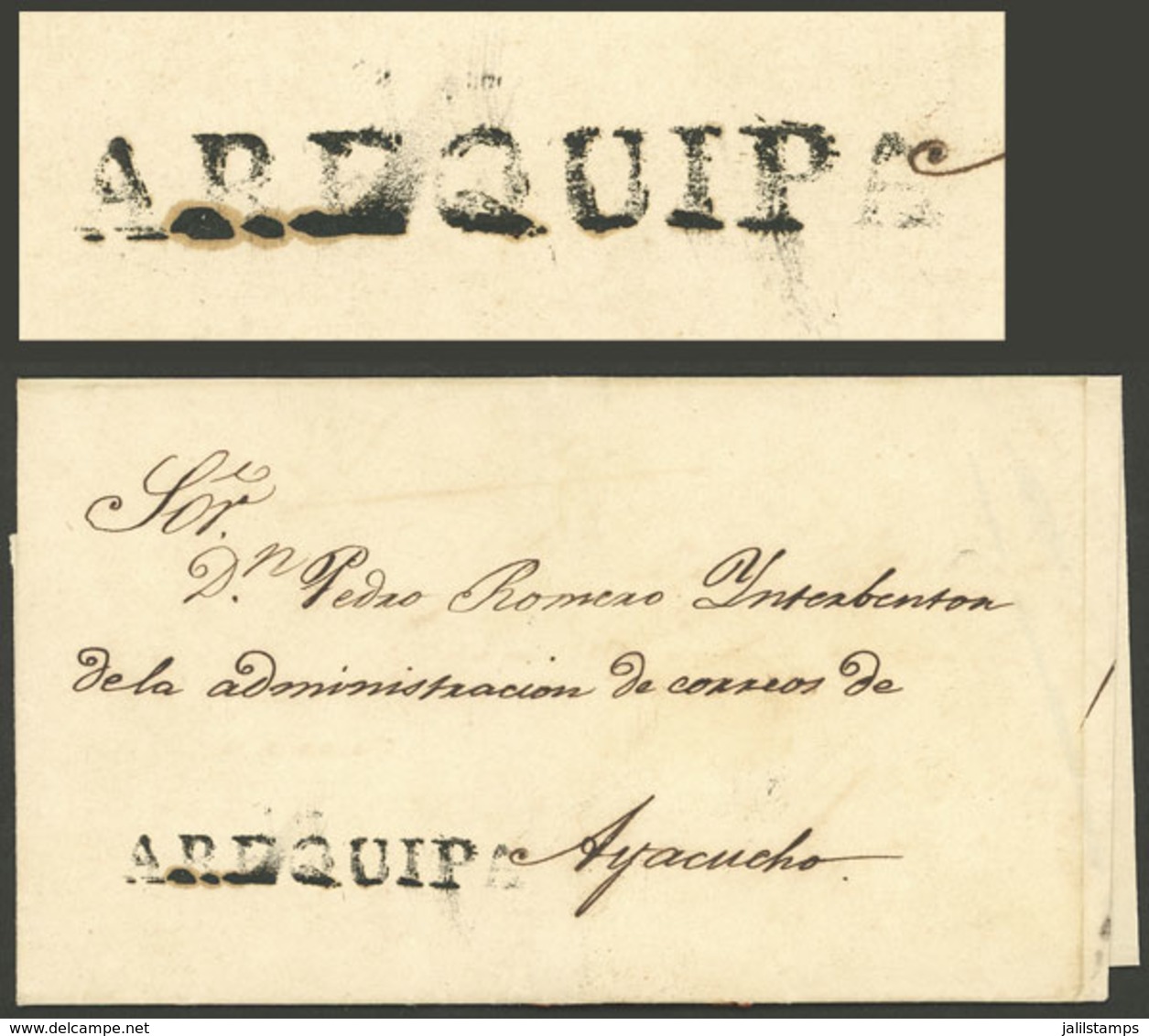 PERU: Folded Cover Sent To Moquegua With The Straightline AREQUIPA Mark (54 X 7 Mm) Very Well Applied, Excellent Quality - Peru