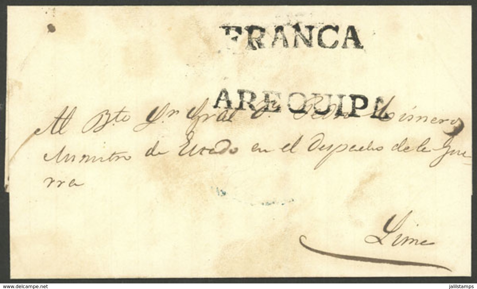 PERU: Folded Cover Sent To Lima With The Marks AREQUIPA (54 X 7 Mm) And FRANCA (40.5 X 7 Mm), Both Well Applied, VF Qual - Peru