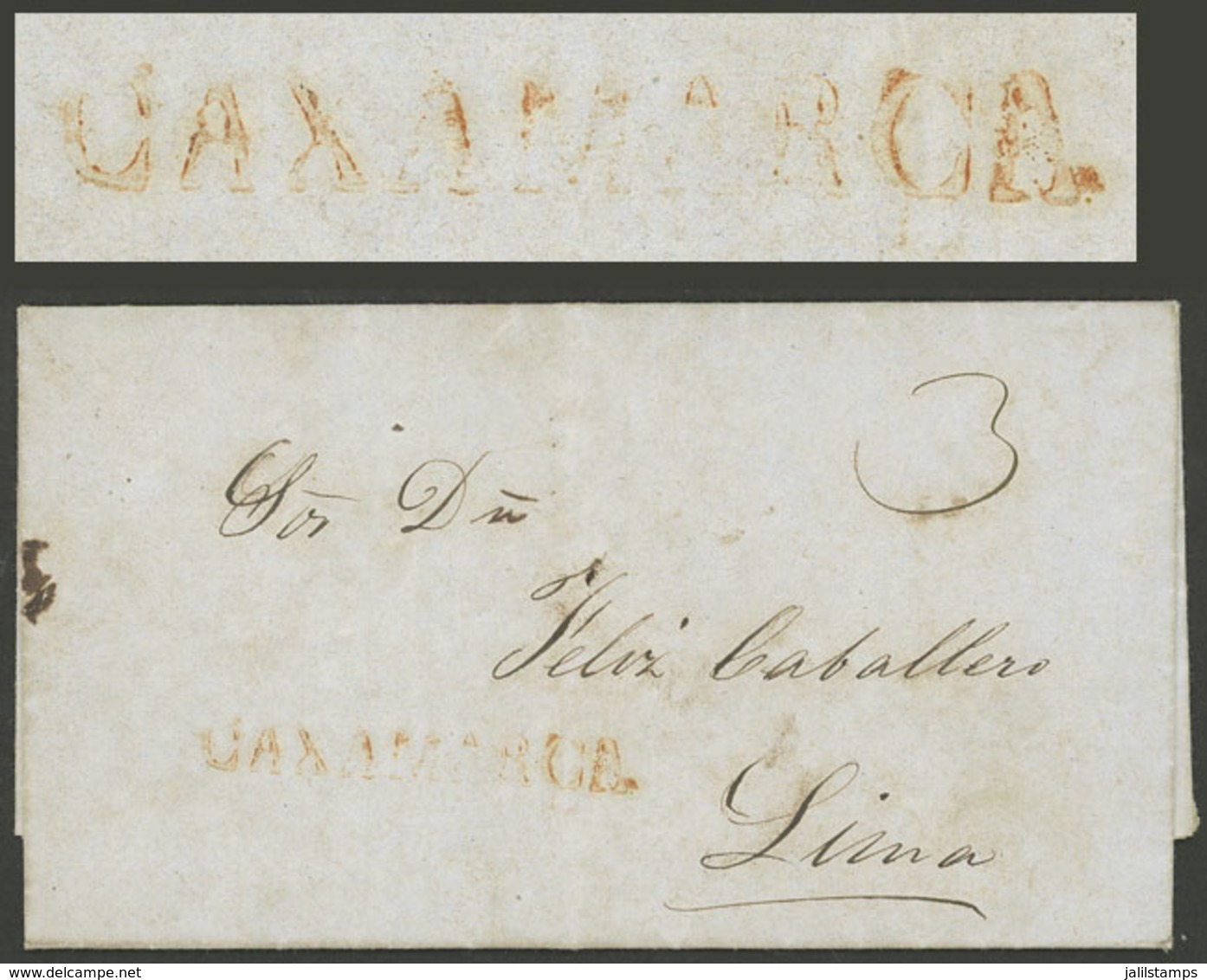 PERU: Entire Letter Dated 13/NO/1856, Sent To Lima With "3" Rating In Pen And CAXAMARCA Mark (51 X 7 Mm) In Red, The Tex - Perú