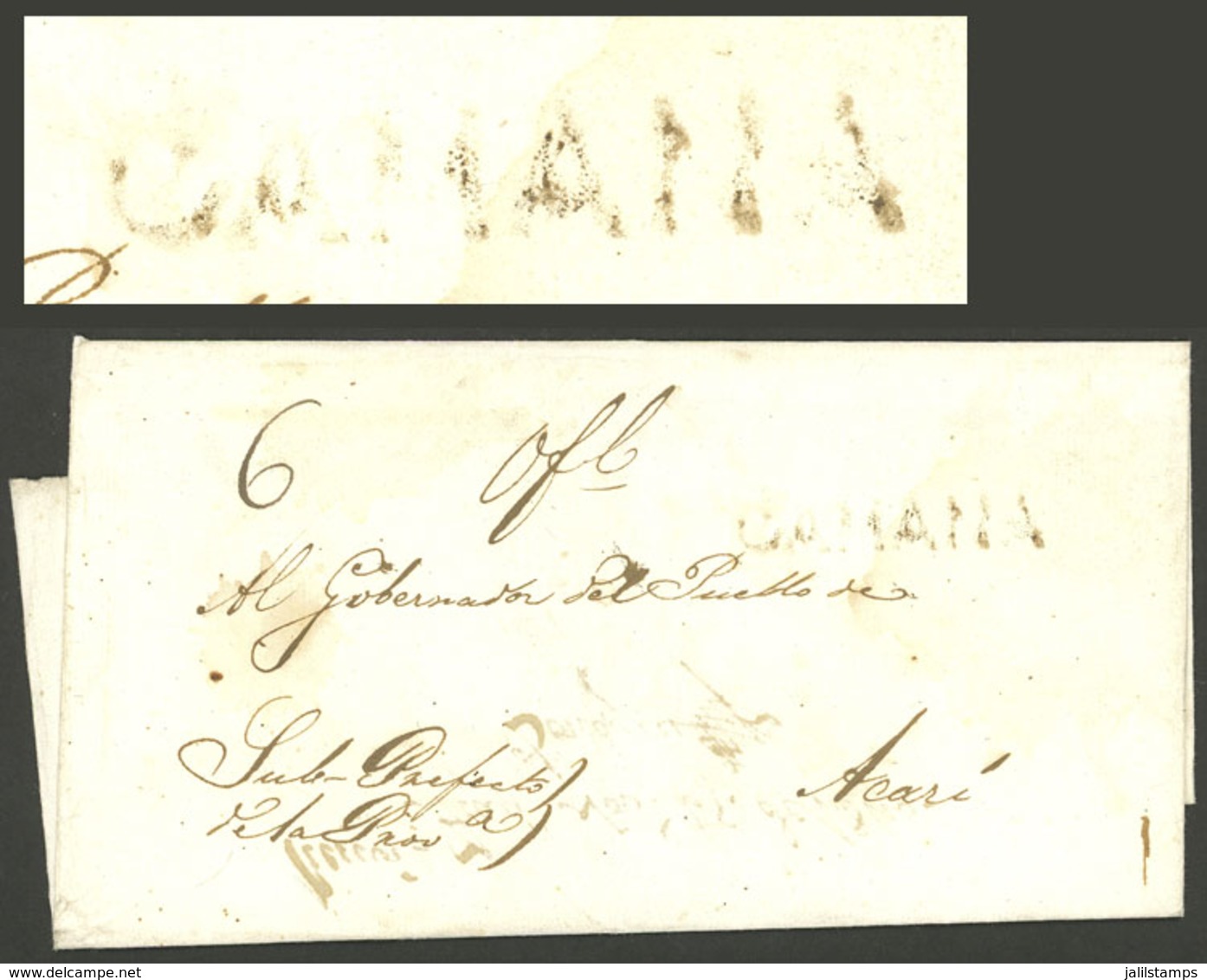 PERU: Folded Cover Dated 29/NO/1840 Sent To Acarí, With Black "CAMANA" Mark, Rare In This Color, Very Fine Quality!" - Peru