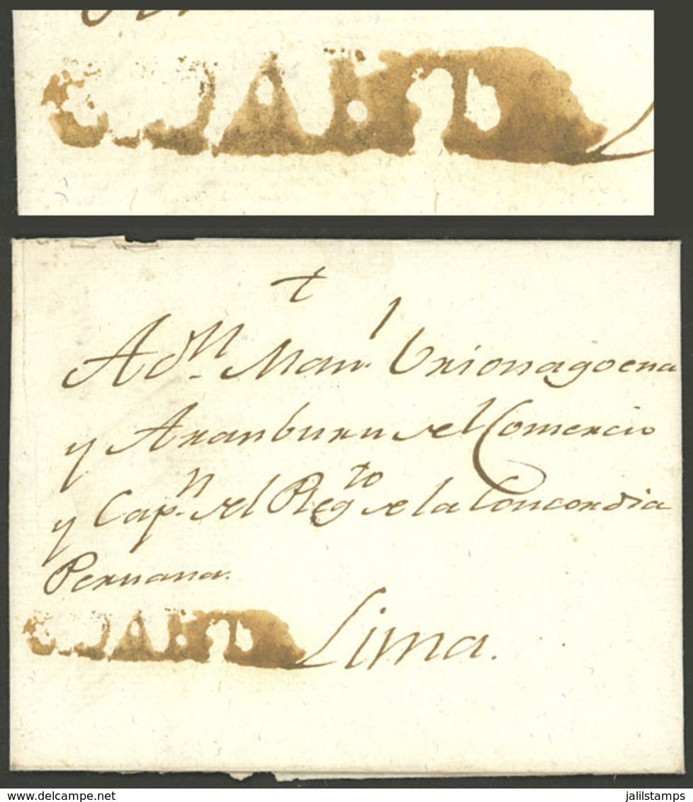 PERU: Entire Letter Dated 16/JUN/1811, Sent To Lima With "1" Rating In Pen And GUANTA Mark In Black-red (42.5 X 7 Mm), V - Peru