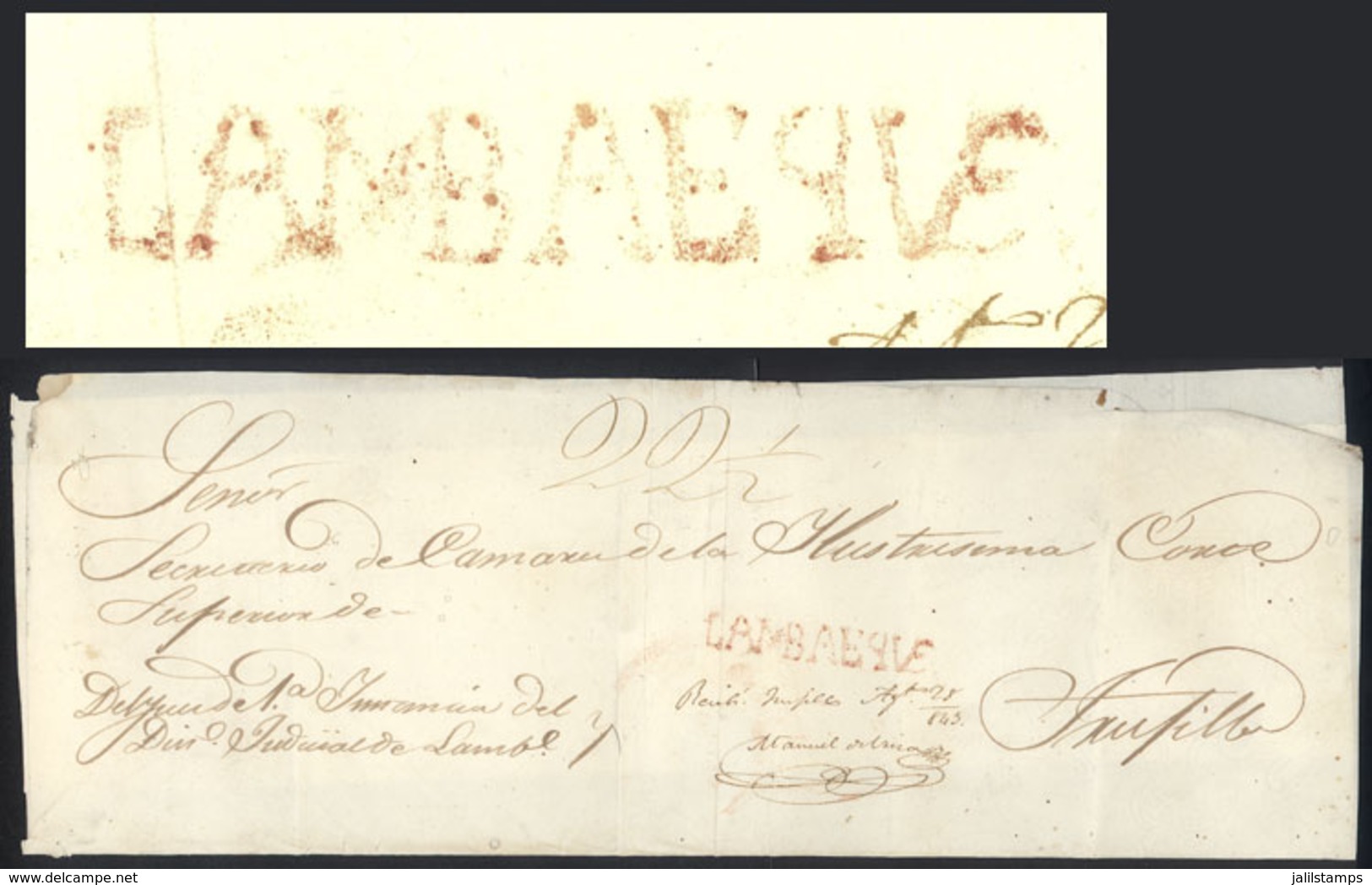 PERU: Official Folded Cover Dated 28/AU/1845, Sent To Trujillo With "22½" Rating And Red "LAMBAEQUE" (55 X 9.5 Mm) Very  - Perú