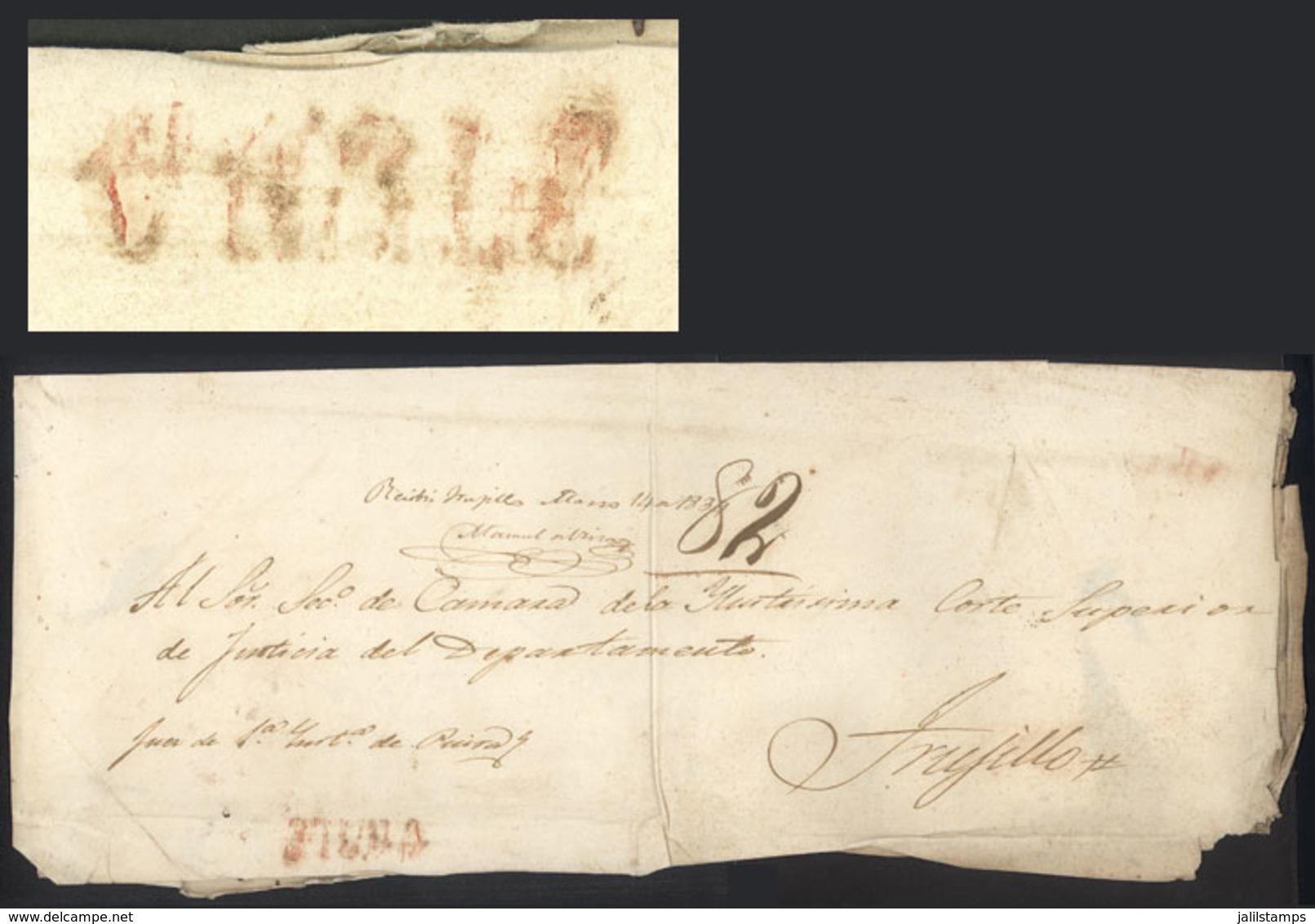 PERU: Large Official Folded Cover Dated 14/MAR/1834 Sent To Trujillo, With Large "82" Rating Along Red "PIURA" Mark, Int - Peru