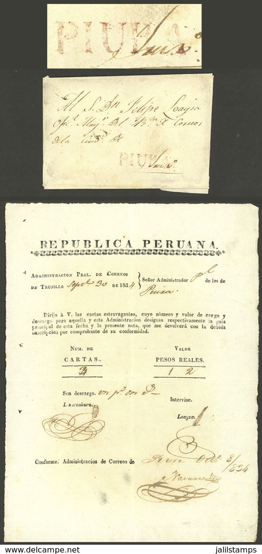 PERU: Cover (with Original Content, Note Dated 8/OC/1834), Sent To Trujillo With Straightline "PIURA" Mark In Red (34 X  - Peru