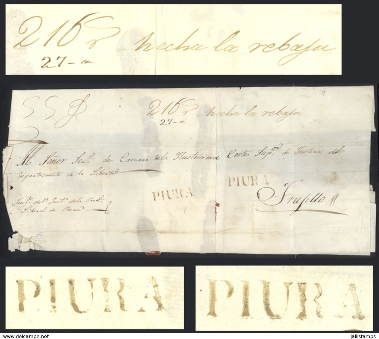 PERU: Large Official Folded Cover Dated 23/MAR/1843, Sent To Trujillo With Huge "216" Rating (and Manuscript "hecha La R - Peru