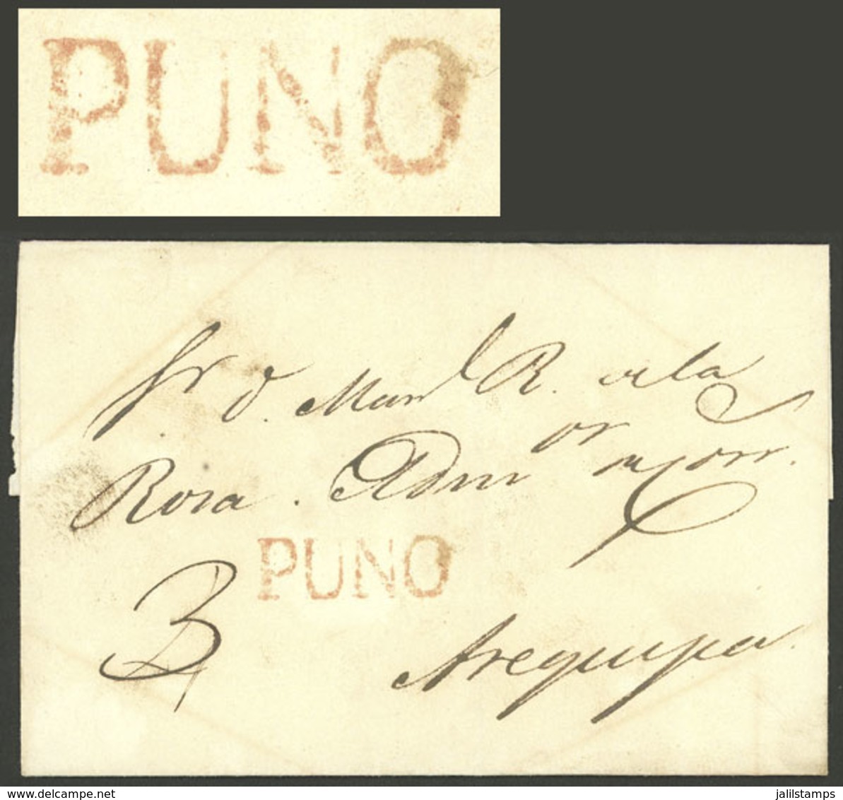 PERU: Folded Cover Sent To Arequipa With "3" Rating And Red PUNO Mark (28 X 8 Mm) Perfectly Applied, Excellent Quality!" - Peru