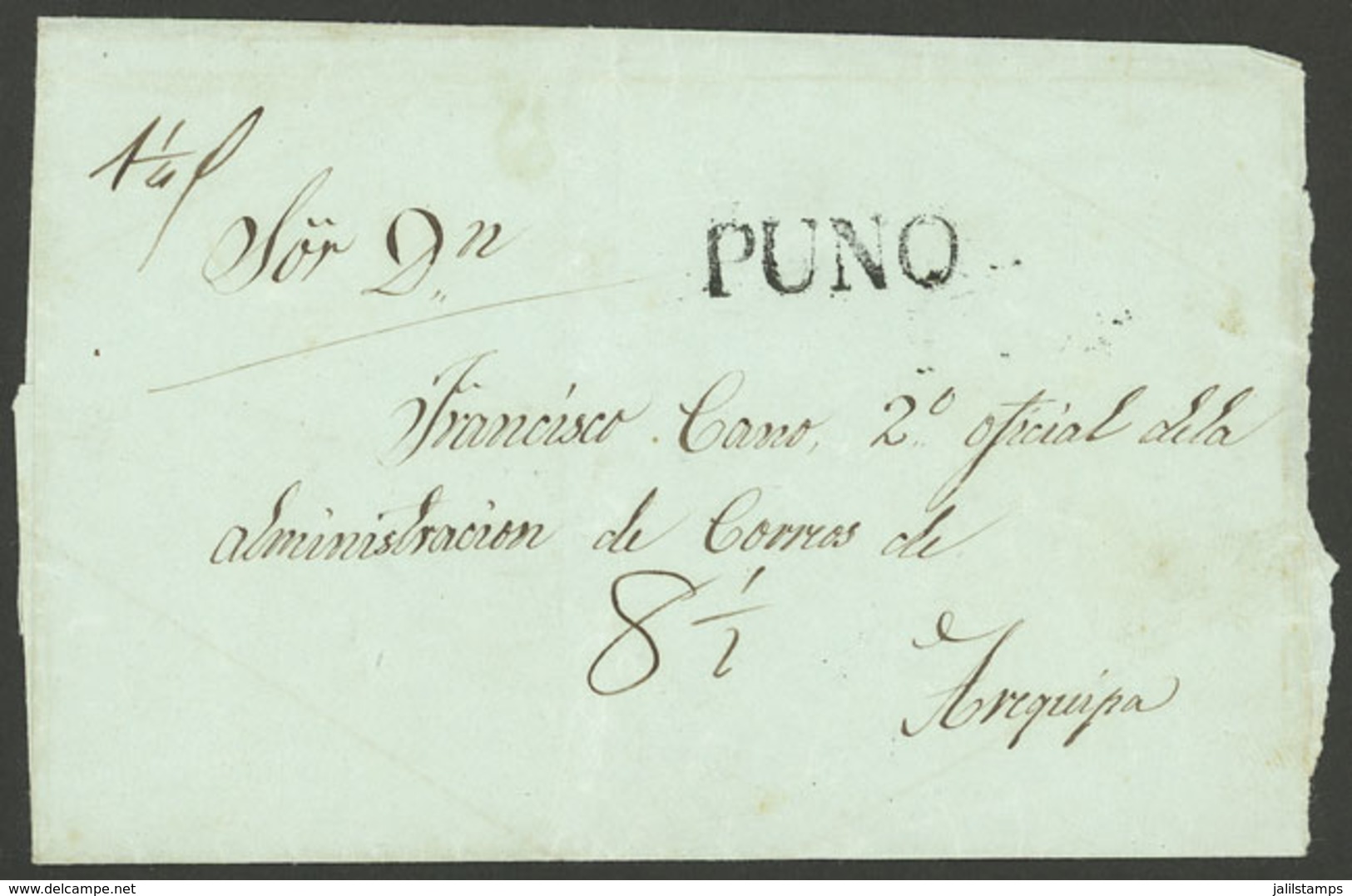 PERU: Folded Cover Sent To Arequipa With "8½" Rating And Clear Strike Of Black PUNO Mark (28 X 8 Mm), Excellent Quality! - Peru