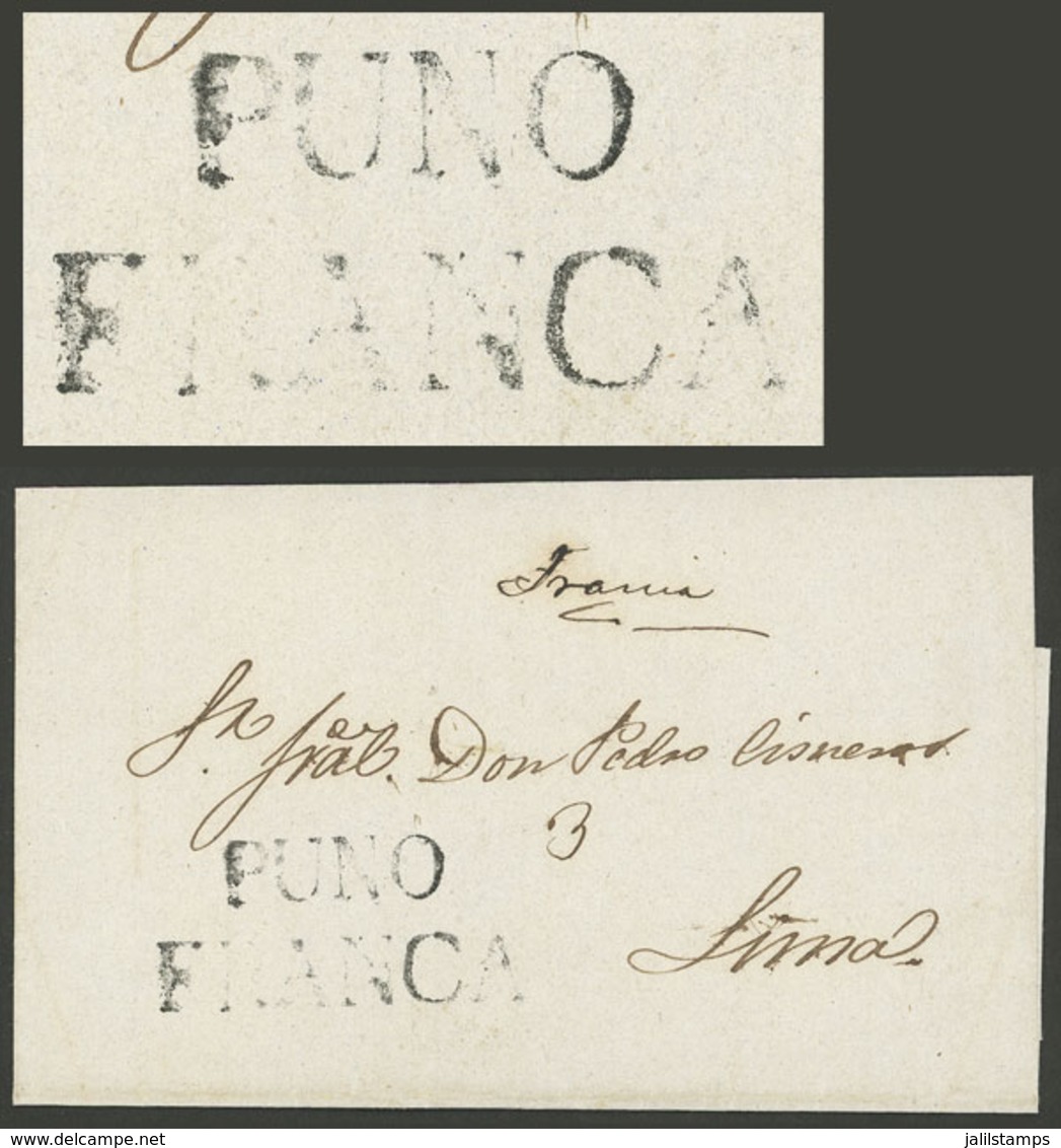 PERU: Folded Cover Sent To Lima, With Clear Strikes Of Black Marks "PUNO" (28 X 8 Mm) And "FRANCA", Excellent Quality!" - Peru