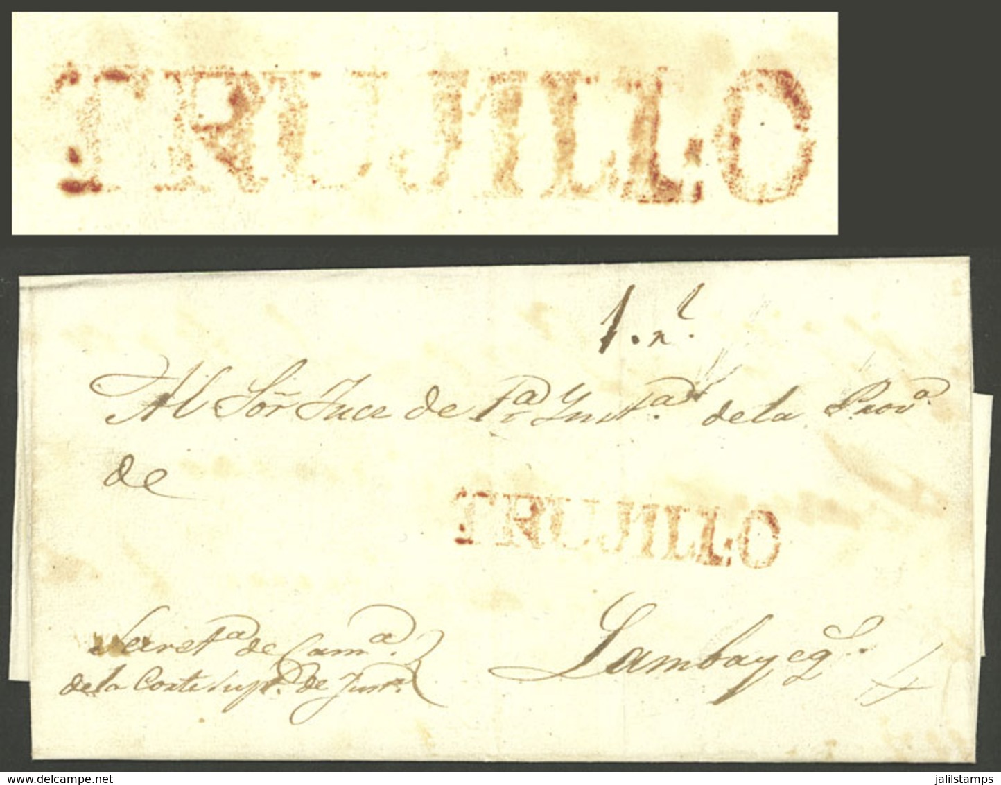 PERU: Folded Cover Dated 25/MAY/1839, Sent To Lambayeque With "1½" Rating In Pen Along TRUJILLO Mark In Red (54 X 9 Mm), - Peru