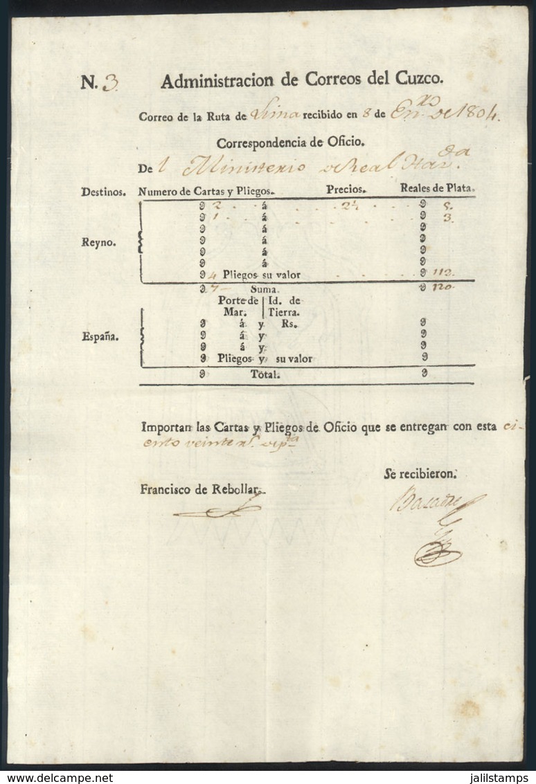 PERU: Guide To Correspondence (Guía De Correspondencia) Sent From Cuzco To Lima On 8/JA/1804, Excellent Quality! - Peru