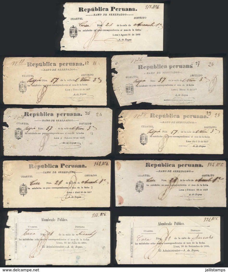 PERU: 9 Receipts Of 1866/7 For Payment Of WATCHMAN And STREET LIGHTING In Lima, VF Quality, Rare! - Historical Documents