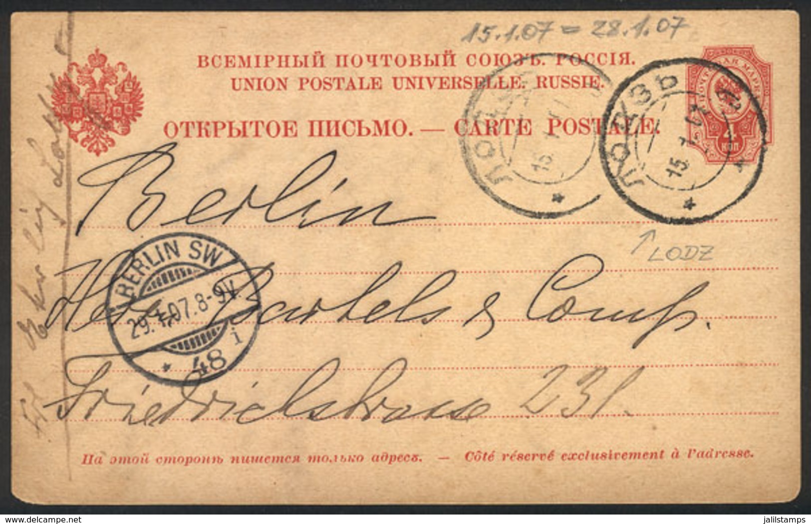 POLAND: Postal Card Sent From LODZ To Germany On 15/JA/1907, VF Quality! - Autres & Non Classés