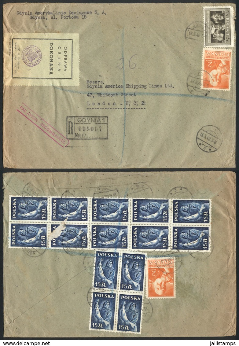 POLAND: Registered Airmail Cover Sent From Gdynia To London On 14/MAR/1948 With Fantastic Postage On Front And Back, A C - Other & Unclassified