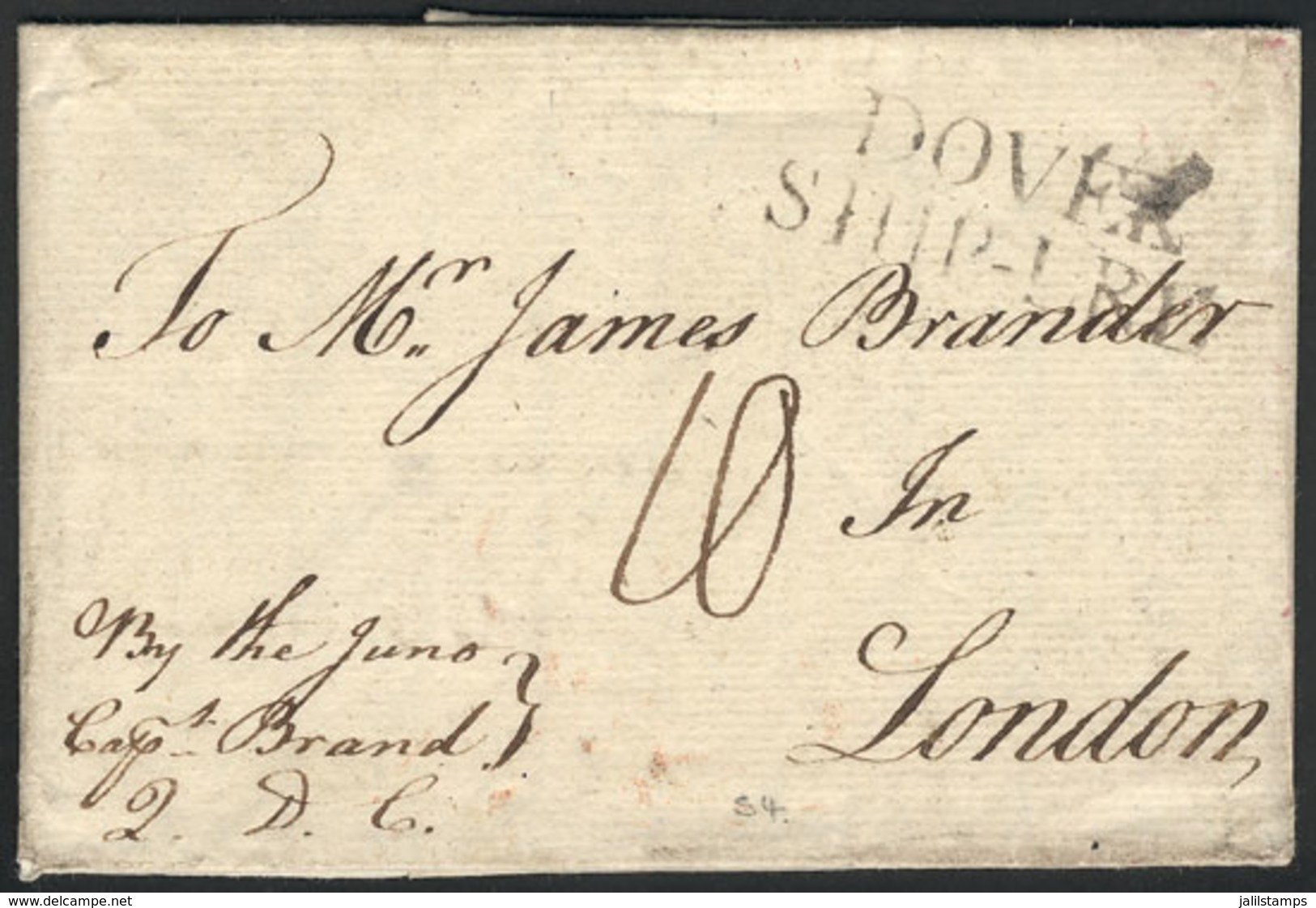 PORTUGAL: Entire Letter Dated Lisboa 24/DE/1773, Sent To London Via Steamship "Juno", With Black English Mark "DOVER SHI - Otros & Sin Clasificación