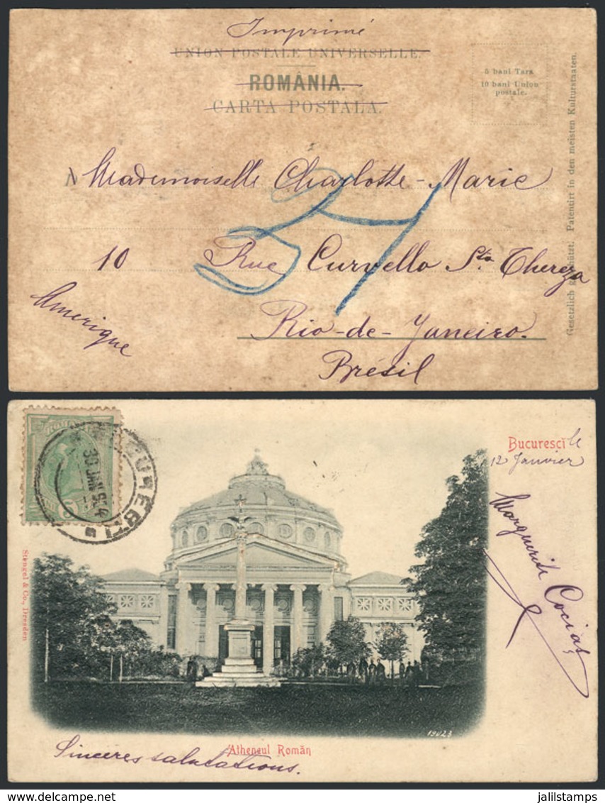 ROMANIA: Postcard Franked With 5b. And Sent From Bucuresti To Brazil On 30/JA/1904, Unusual Destination, VF Quality! - Andere & Zonder Classificatie
