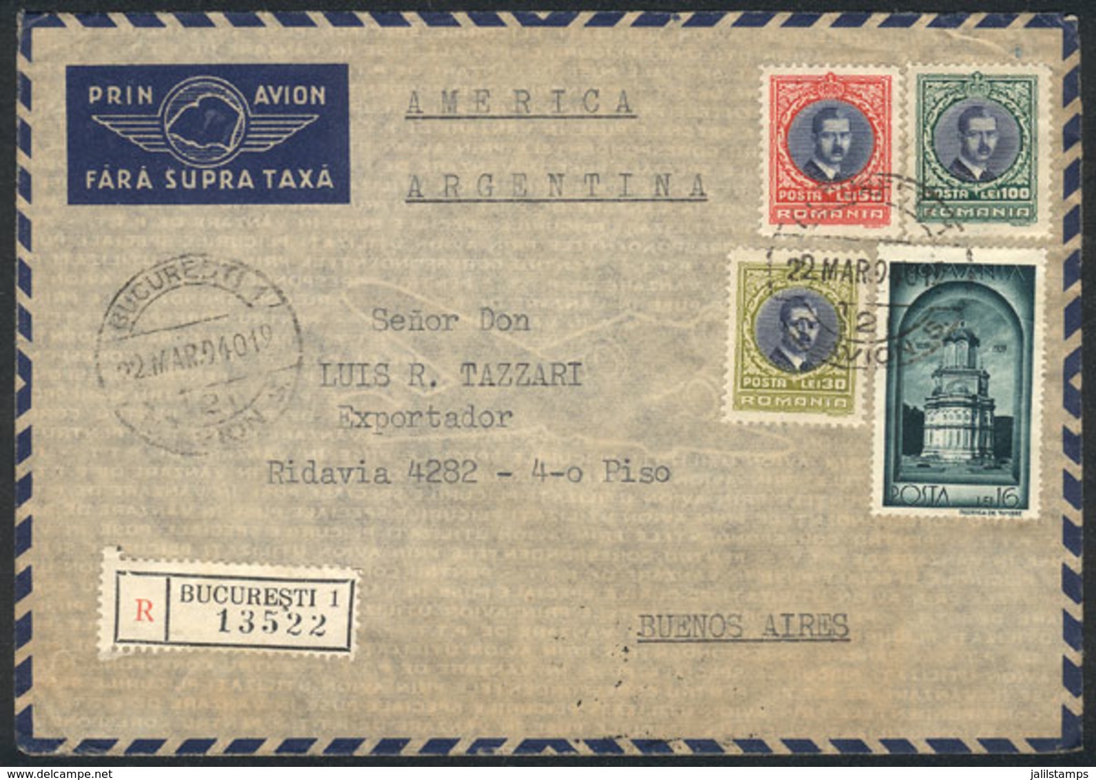ROMANIA: Registered Airmail Cover Sent From Bucuresti To Argentina On 22/MAR/1940, Very Nice Postage Of 196L., Excellent - Otros & Sin Clasificación